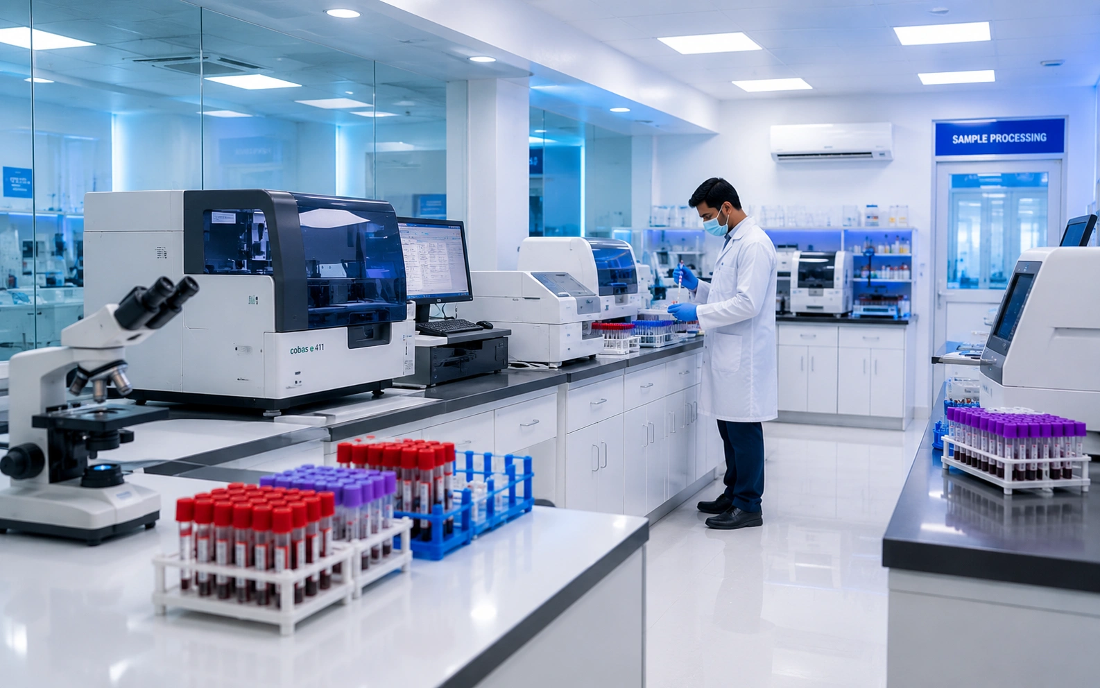 Advanced diagnostic laboratory with automated analysers at Kranthi Diagnostics, Pragathi Nagar, Hyderabad