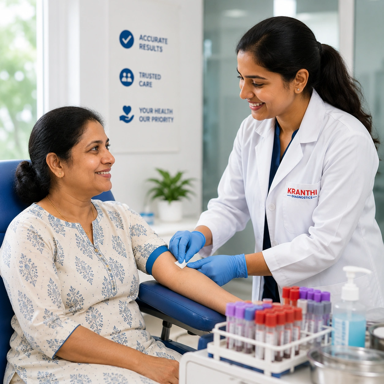 Phlebotomist collecting a blood sample gently at Kranthi Diagnostics, Pragathi Nagar, Nizampet