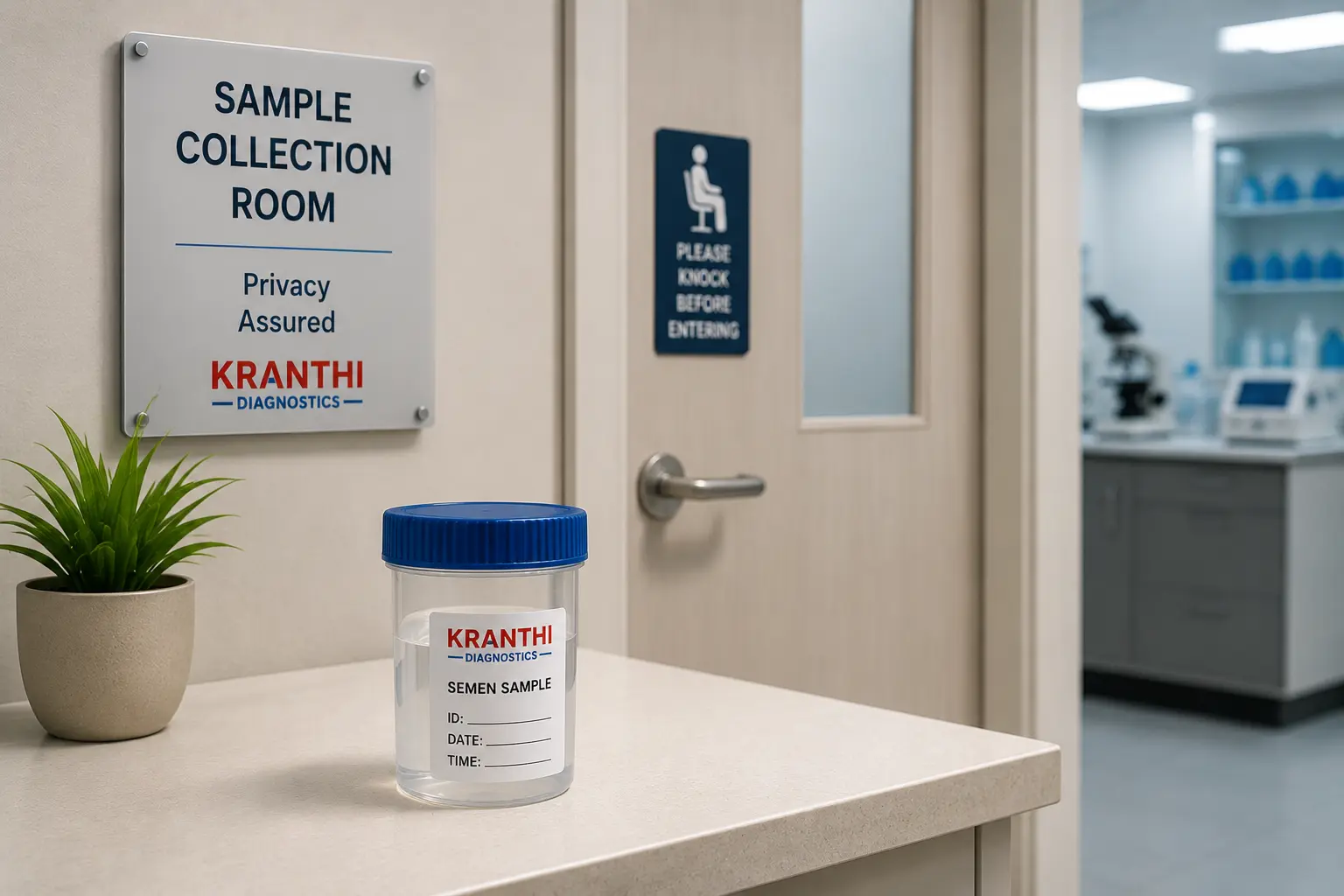 Private semen sample collection room at Kranthi Diagnostics, Pragathi Nagar, Nizampet