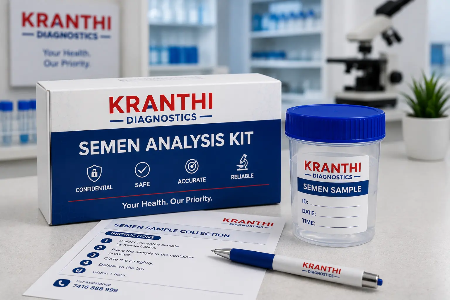 Sterile semen analysis collection kit provided by Kranthi Diagnostics, Pragathi Nagar