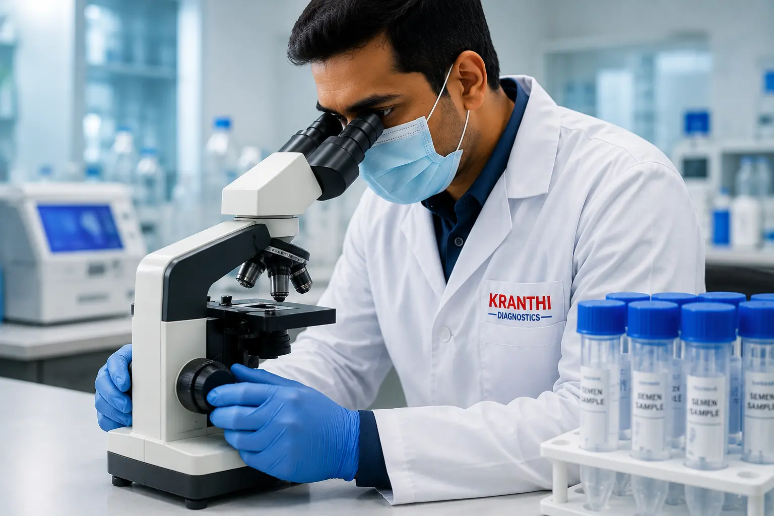 Semen sample analysis under microscope at Kranthi Diagnostics laboratory, Pragathi Nagar